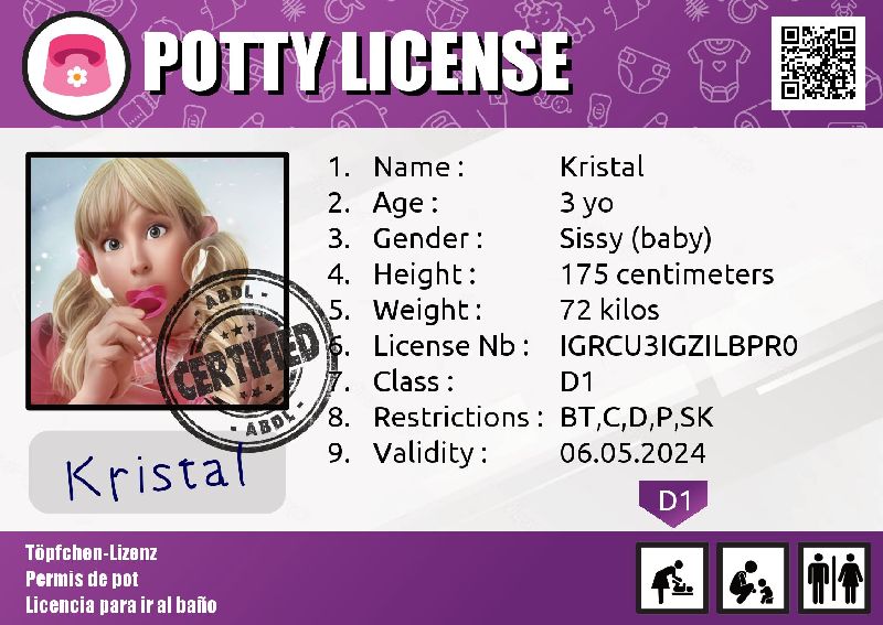 Potty License layaout for a sissy baby who wet her diapers.